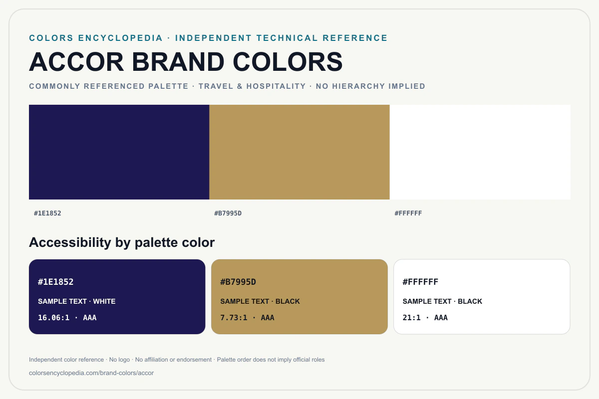 Accor brand colors infographic showing its commonly referenced HEX palette and accessibility guidance for every listed color without assigning a color hierarchy.