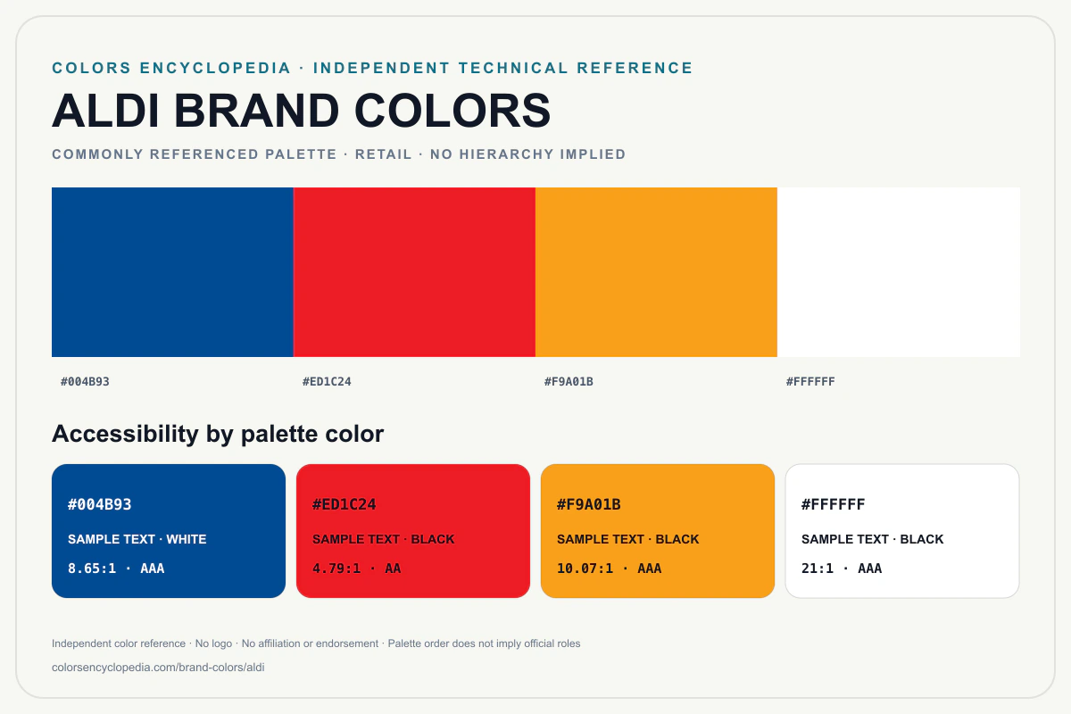Aldi brand colors infographic showing its commonly referenced HEX palette and accessibility guidance for every listed color without assigning a color hierarchy.
