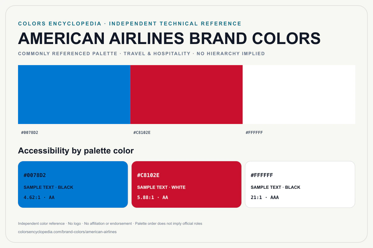 American Airlines brand colors infographic showing its commonly referenced HEX palette and accessibility guidance for every listed color without assigning a color hierarchy.
