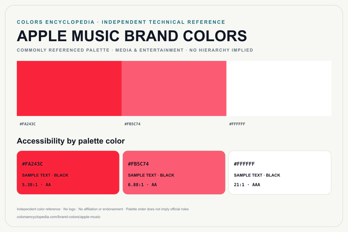 Apple Music brand colors infographic showing its commonly referenced HEX palette and accessibility guidance for every listed color without assigning a color hierarchy.