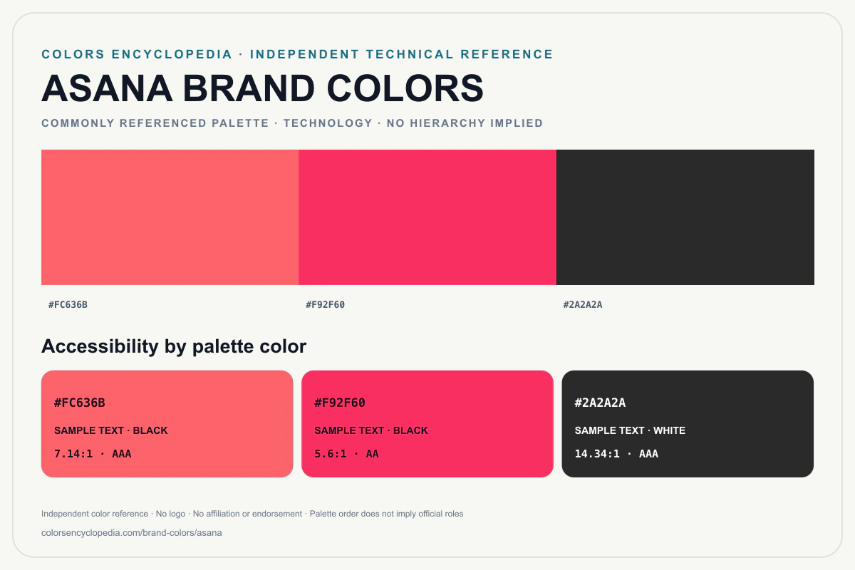 Asana brand colors infographic showing its commonly referenced HEX palette and accessibility guidance for every listed color without assigning a color hierarchy.