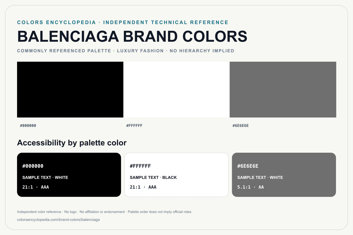 Balenciaga brand colors infographic showing its commonly referenced HEX palette and accessibility guidance for every listed color without assigning a color hierarchy.