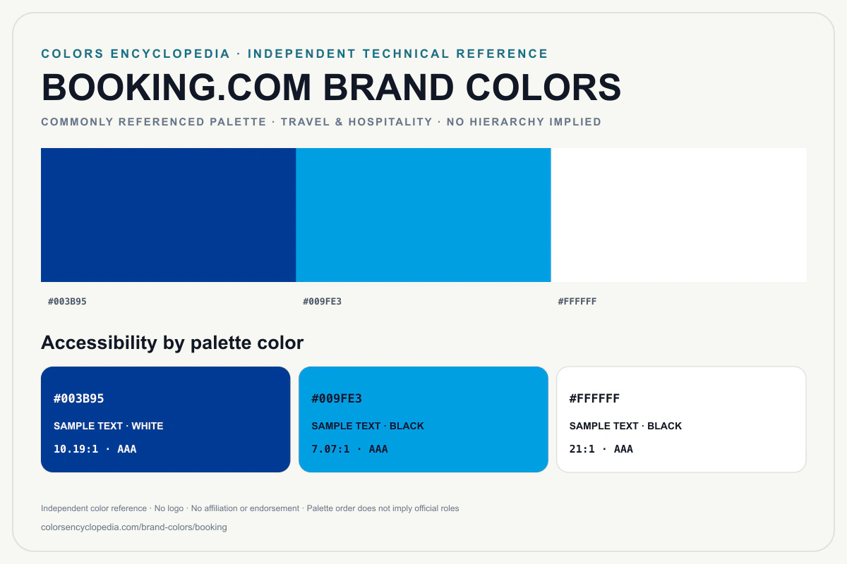 Booking.com brand colors infographic showing its commonly referenced HEX palette and accessibility guidance for every listed color without assigning a color hierarchy.