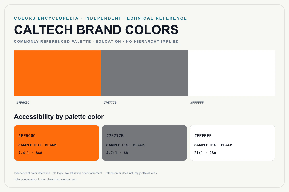 Caltech brand colors infographic showing its commonly referenced HEX palette and accessibility guidance for every listed color without assigning a color hierarchy.