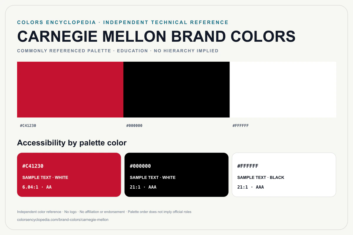 Carnegie Mellon brand colors infographic showing its commonly referenced HEX palette and accessibility guidance for every listed color without assigning a color hierarchy.