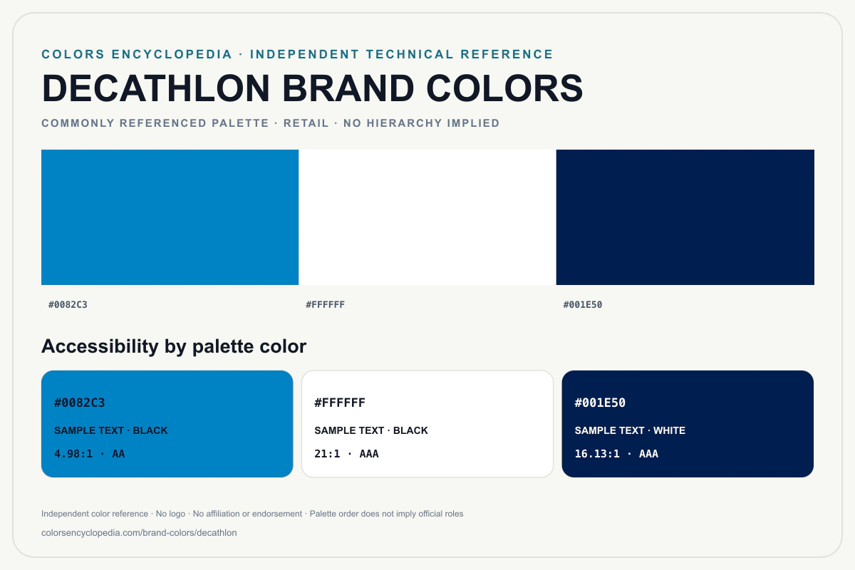 Decathlon brand colors infographic showing its commonly referenced HEX palette and accessibility guidance for every listed color without assigning a color hierarchy.