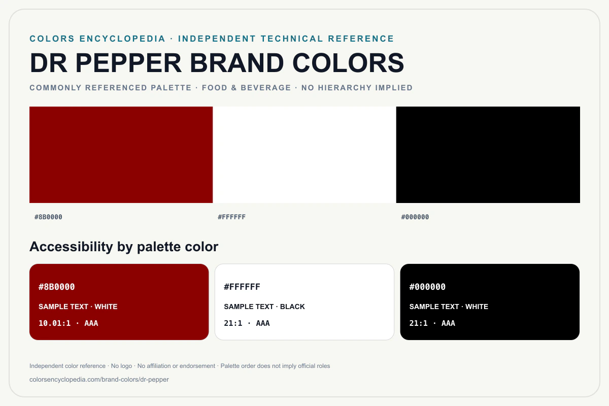 Dr Pepper brand colors infographic showing its commonly referenced HEX palette and accessibility guidance for every listed color without assigning a color hierarchy.