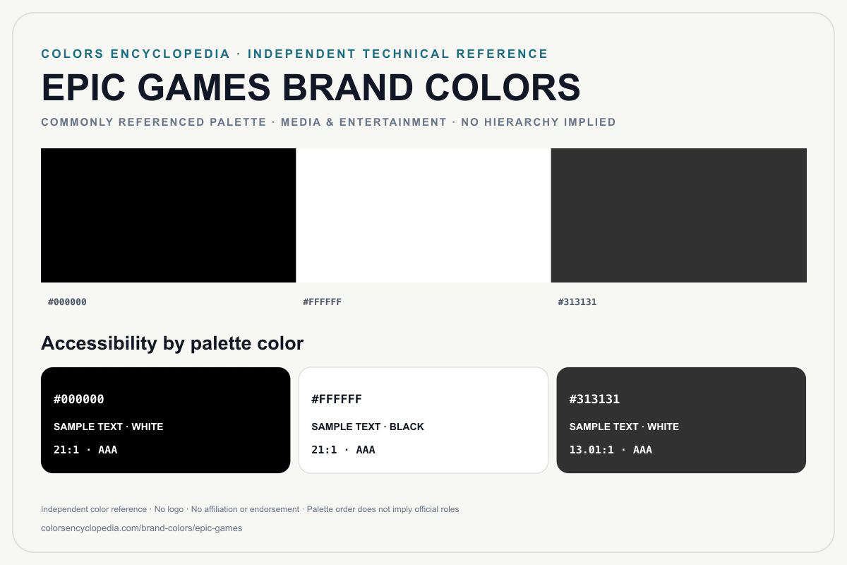 Epic Games brand colors infographic showing its commonly referenced HEX palette and accessibility guidance for every listed color without assigning a color hierarchy.