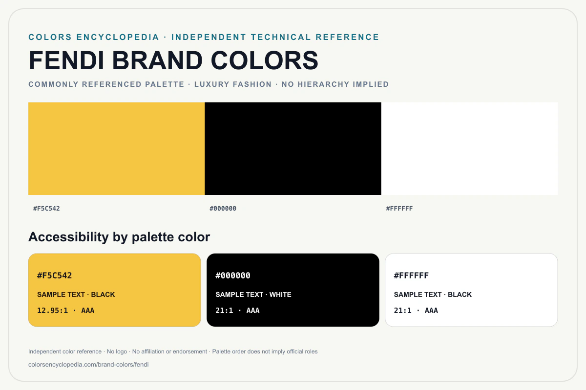 Fendi brand colors infographic showing its commonly referenced HEX palette and accessibility guidance for every listed color without assigning a color hierarchy.