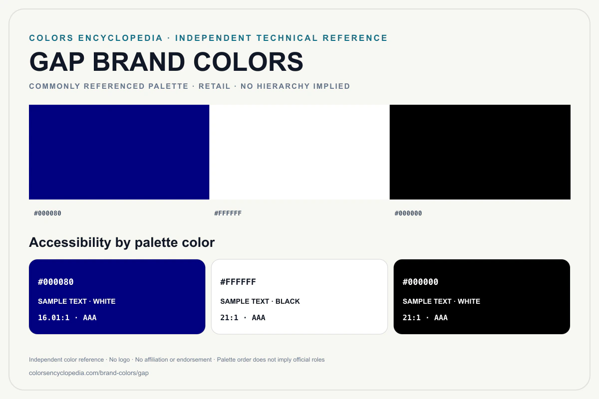 Gap brand colors infographic showing its commonly referenced HEX palette and accessibility guidance for every listed color without assigning a color hierarchy.