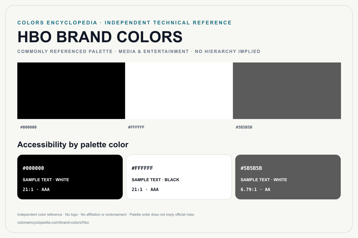 HBO brand colors infographic showing its commonly referenced HEX palette and accessibility guidance for every listed color without assigning a color hierarchy.