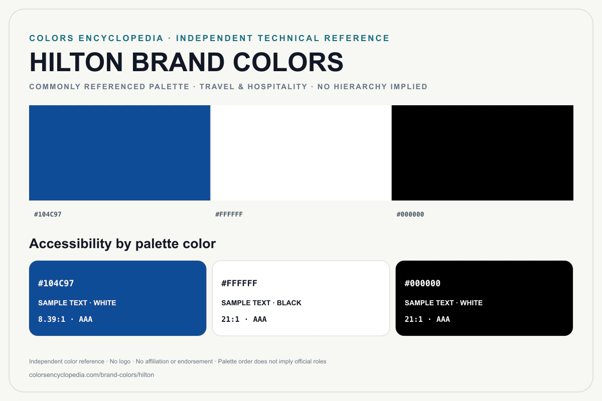 Hilton brand colors infographic showing its commonly referenced HEX palette and accessibility guidance for every listed color without assigning a color hierarchy.