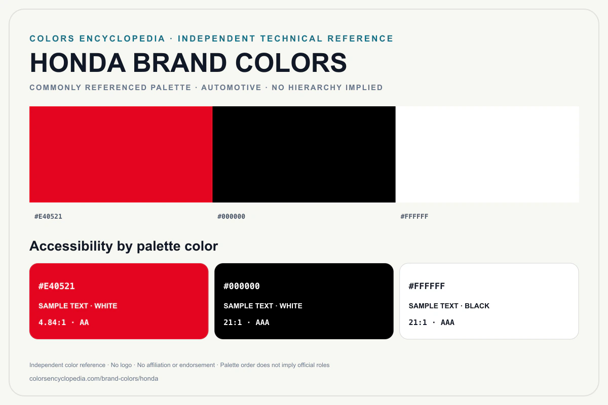 Honda brand colors infographic showing its commonly referenced HEX palette and accessibility guidance for every listed color without assigning a color hierarchy.