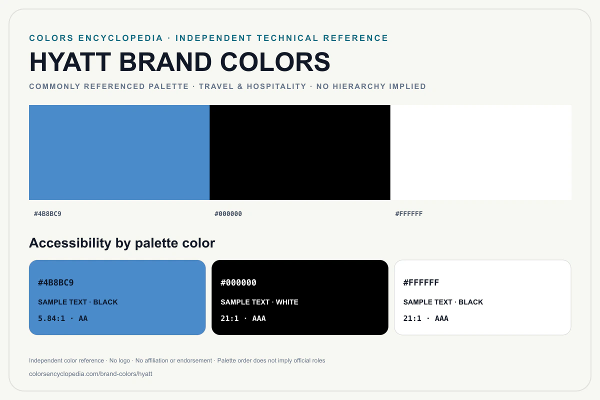Hyatt brand colors infographic showing its commonly referenced HEX palette and accessibility guidance for every listed color without assigning a color hierarchy.