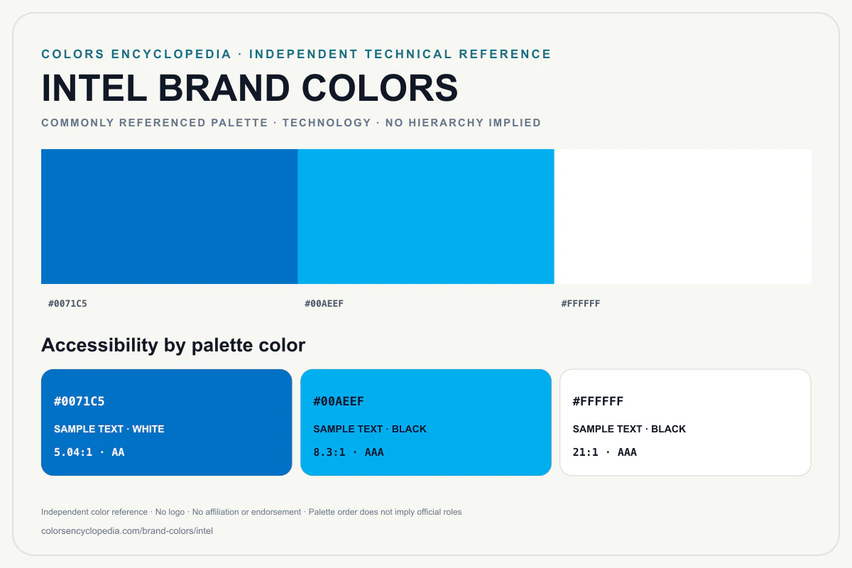 Intel brand colors infographic showing its commonly referenced HEX palette and accessibility guidance for every listed color without assigning a color hierarchy.