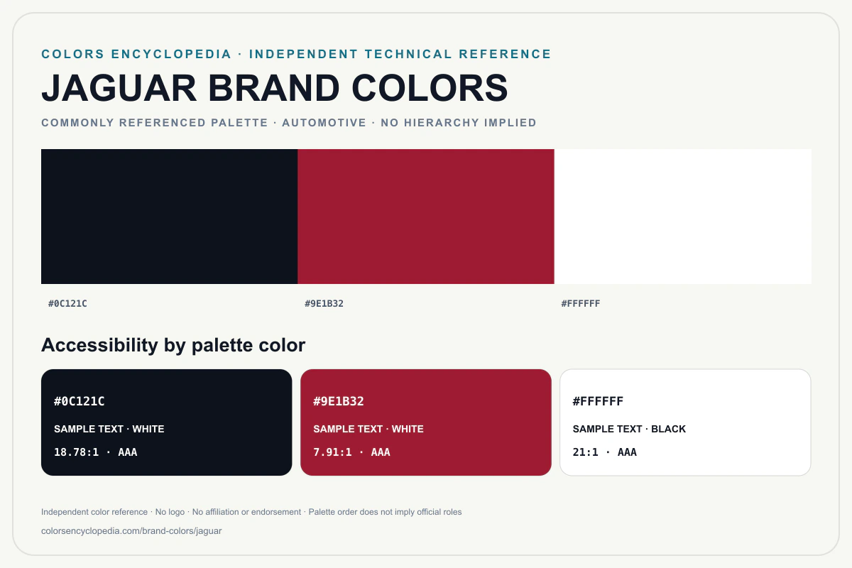 Jaguar brand colors infographic showing its commonly referenced HEX palette and accessibility guidance for every listed color without assigning a color hierarchy.