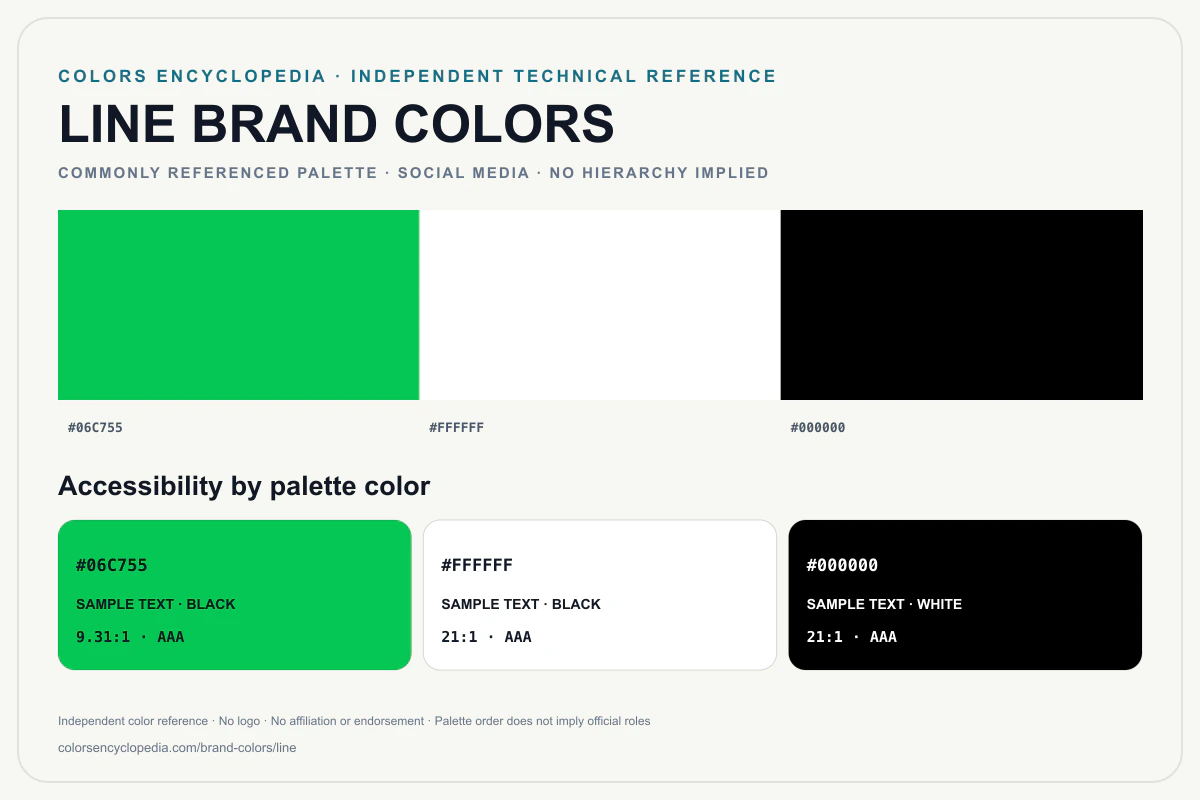 LINE brand colors infographic showing its commonly referenced HEX palette and accessibility guidance for every listed color without assigning a color hierarchy.