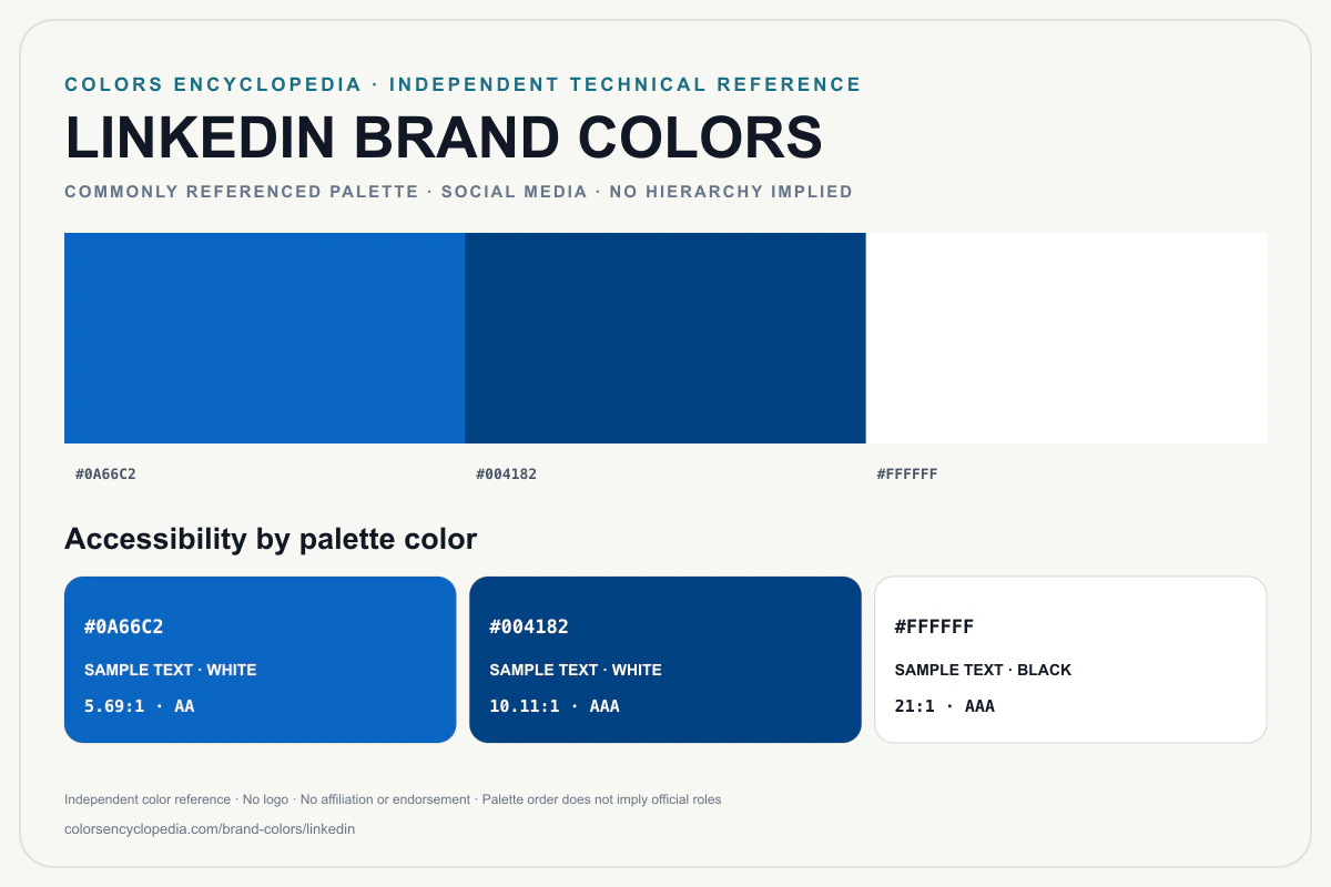 LinkedIn brand colors infographic showing its commonly referenced HEX palette and accessibility guidance for every listed color without assigning a color hierarchy.