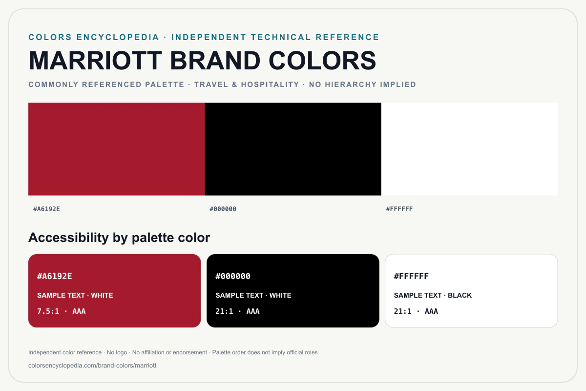 Marriott brand colors infographic showing its commonly referenced HEX palette and accessibility guidance for every listed color without assigning a color hierarchy.