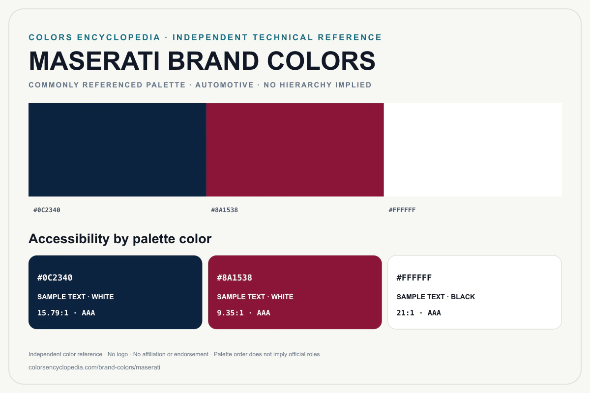 Maserati brand colors infographic showing its commonly referenced HEX palette and accessibility guidance for every listed color without assigning a color hierarchy.