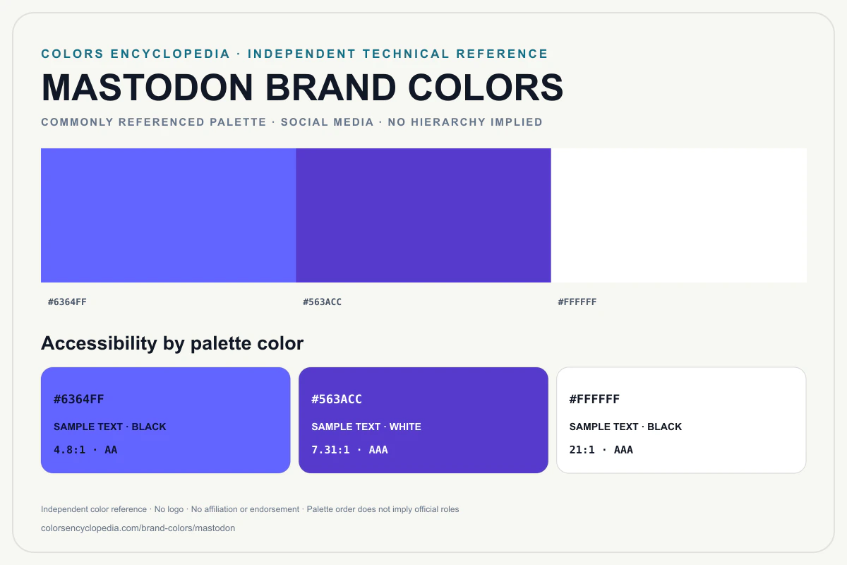 Mastodon brand colors infographic showing its commonly referenced HEX palette and accessibility guidance for every listed color without assigning a color hierarchy.