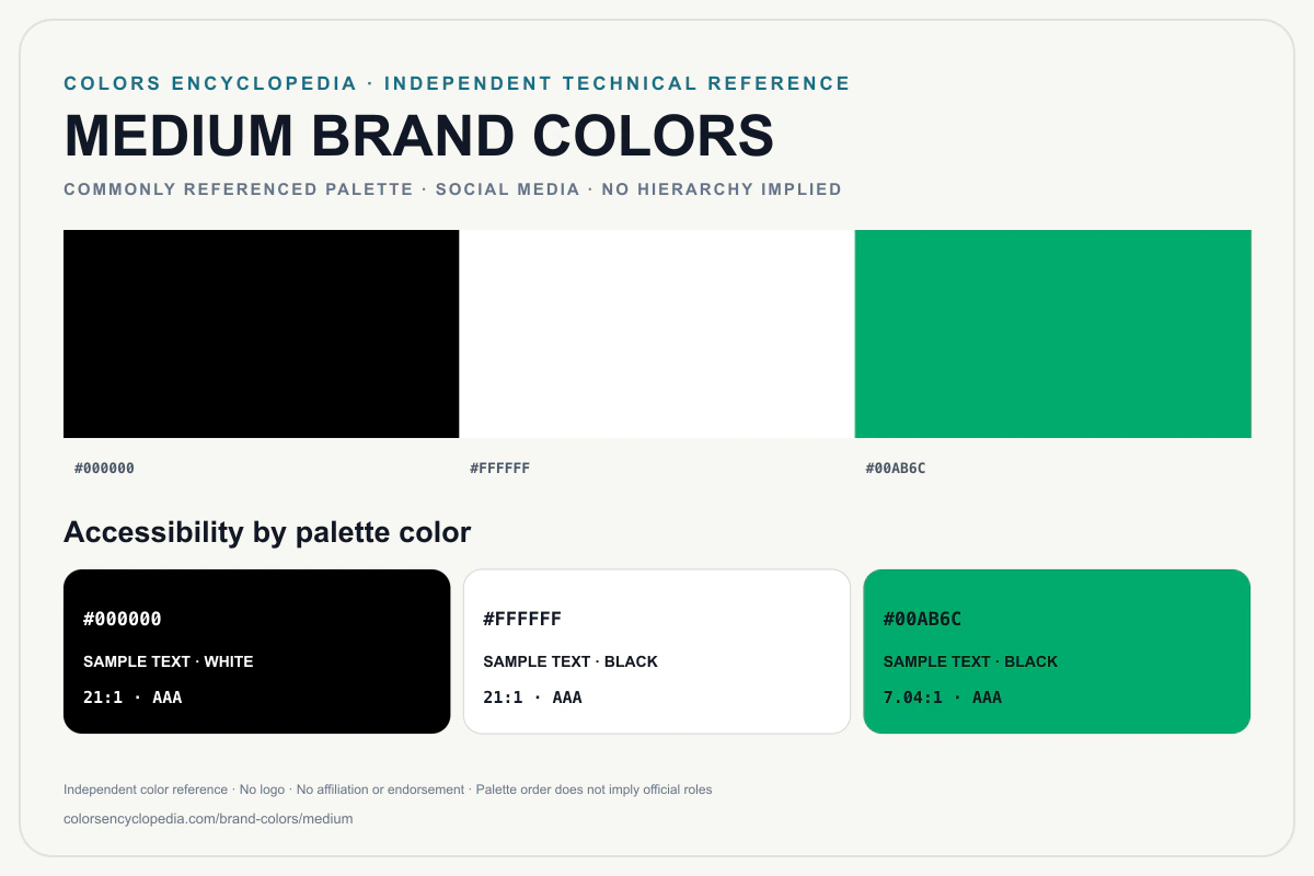 Medium brand colors infographic showing its commonly referenced HEX palette and accessibility guidance for every listed color without assigning a color hierarchy.