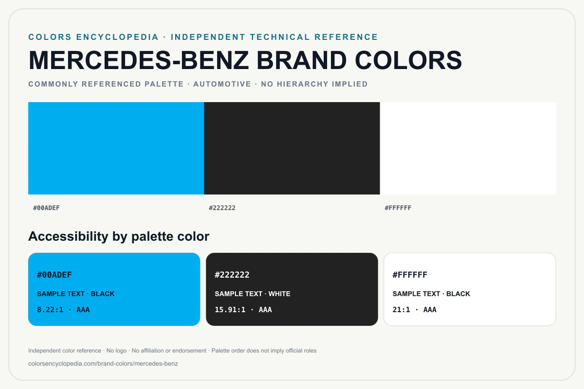 Mercedes-Benz brand colors infographic showing its commonly referenced HEX palette and accessibility guidance for every listed color without assigning a color hierarchy.