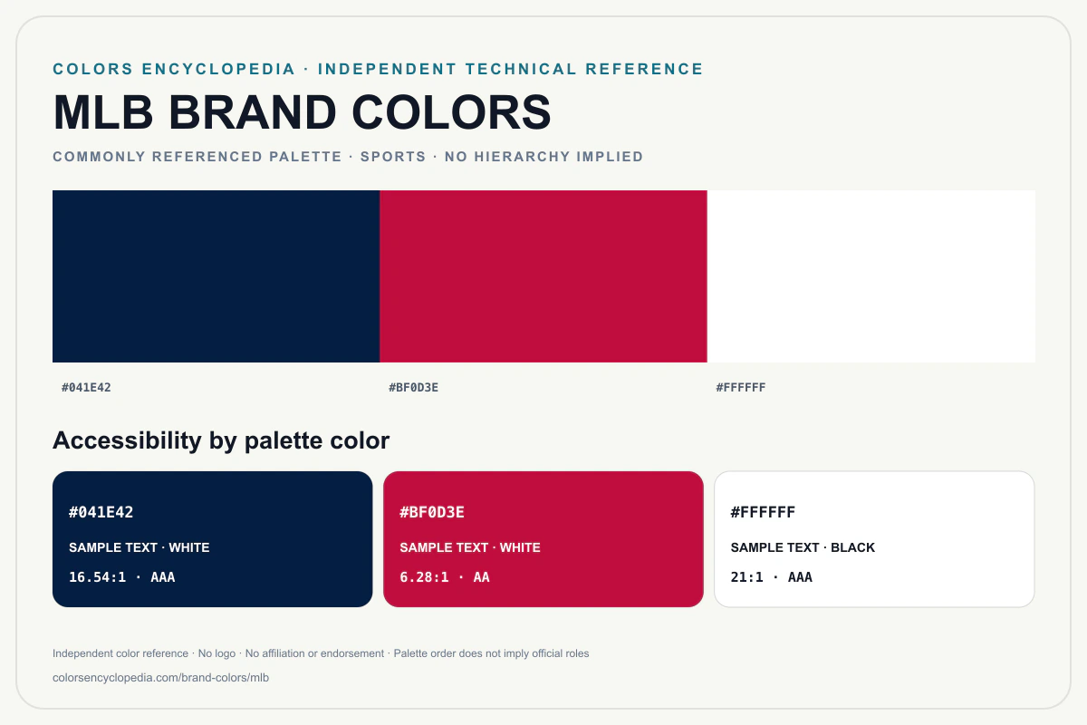 MLB brand colors infographic showing its commonly referenced HEX palette and accessibility guidance for every listed color without assigning a color hierarchy.