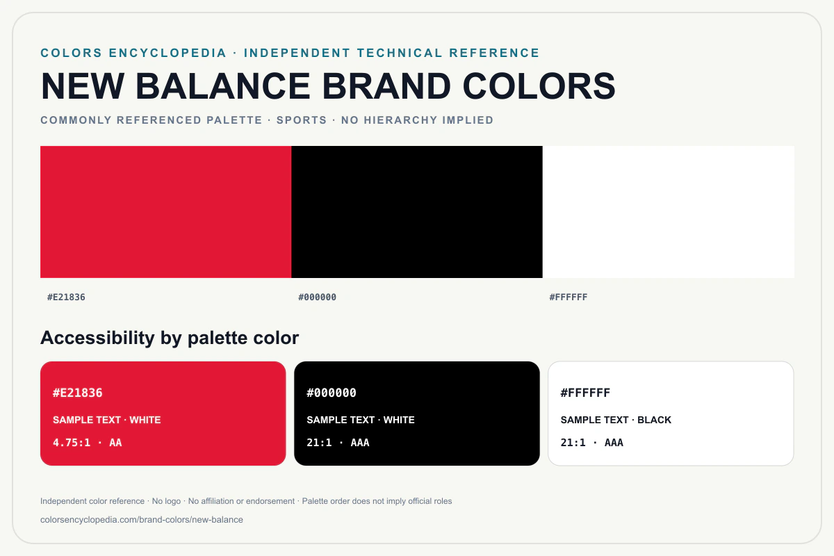 New Balance brand colors infographic showing its commonly referenced HEX palette and accessibility guidance for every listed color without assigning a color hierarchy.
