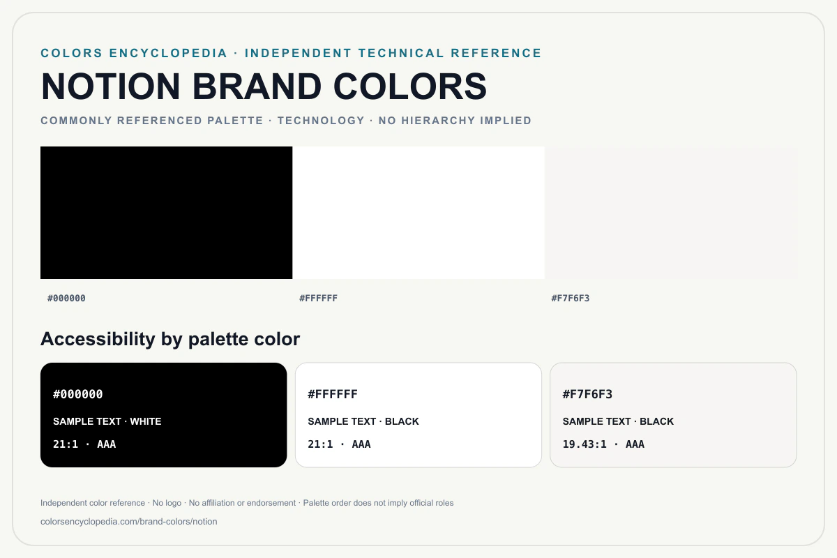 Notion brand colors infographic showing its commonly referenced HEX palette and accessibility guidance for every listed color without assigning a color hierarchy.
