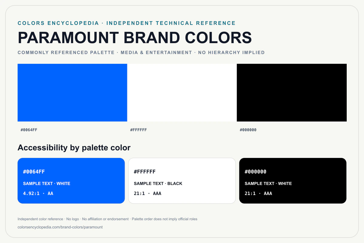 Paramount brand colors infographic showing its commonly referenced HEX palette and accessibility guidance for every listed color without assigning a color hierarchy.