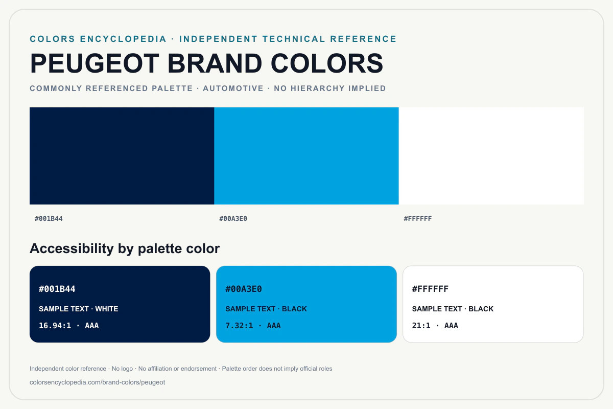 Peugeot brand colors infographic showing its commonly referenced HEX palette and accessibility guidance for every listed color without assigning a color hierarchy.