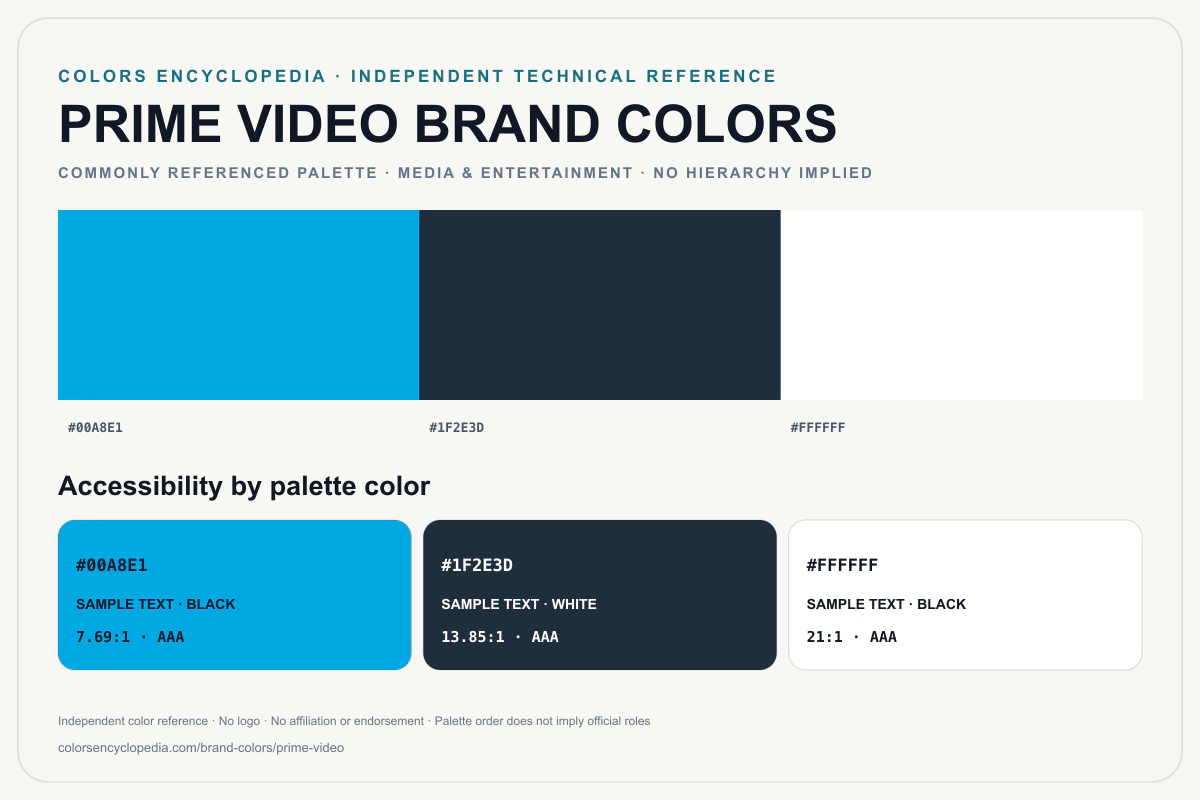 Prime Video brand colors infographic showing its commonly referenced HEX palette and accessibility guidance for every listed color without assigning a color hierarchy.