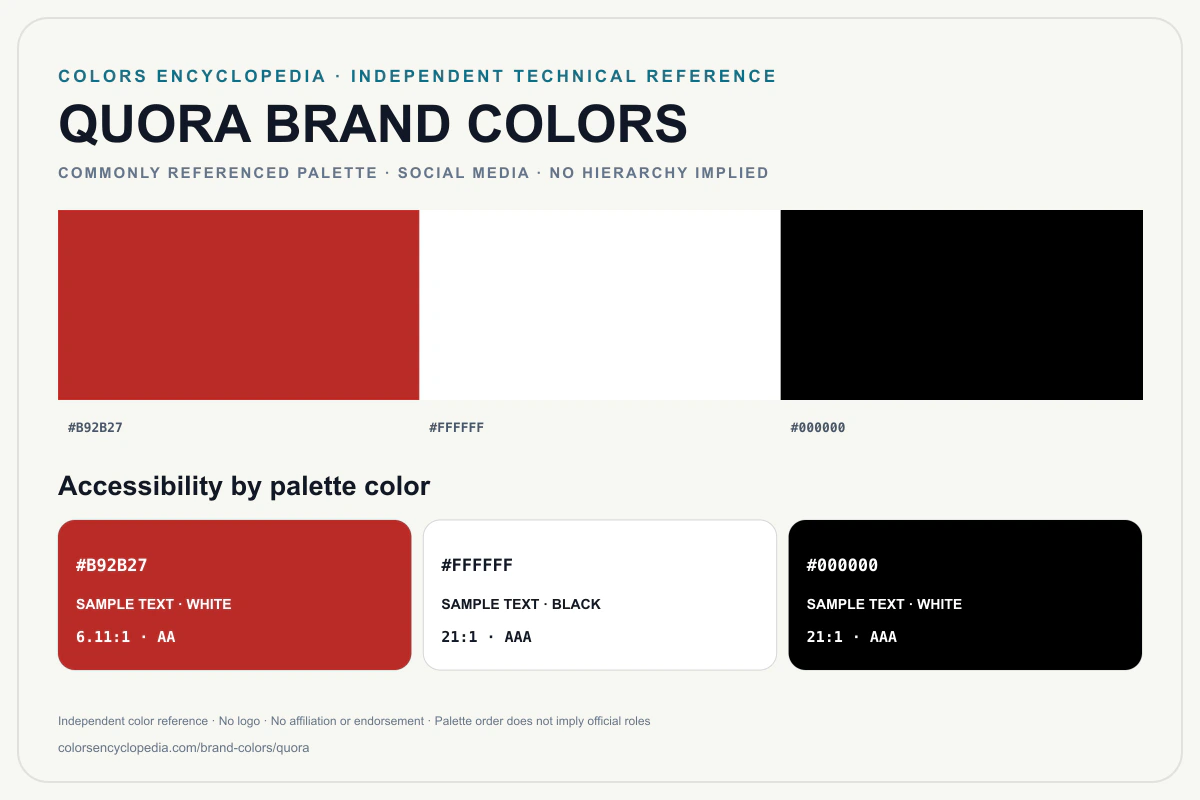 Quora brand colors infographic showing its commonly referenced HEX palette and accessibility guidance for every listed color without assigning a color hierarchy.