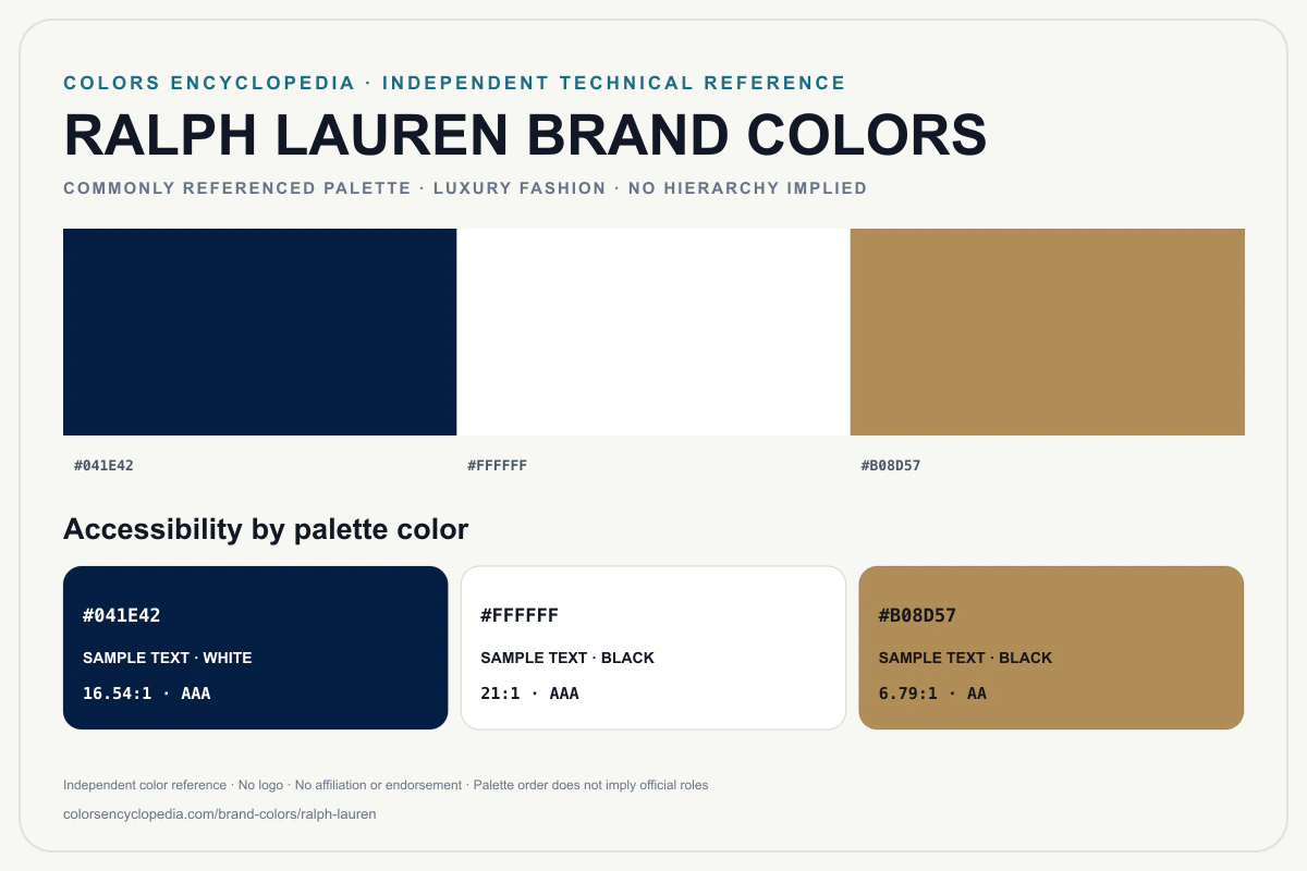 Ralph Lauren brand colors infographic showing its commonly referenced HEX palette and accessibility guidance for every listed color without assigning a color hierarchy.