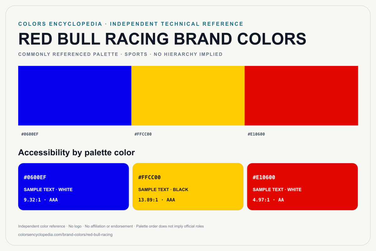Red Bull Racing brand colors infographic showing its commonly referenced HEX palette and accessibility guidance for every listed color without assigning a color hierarchy.