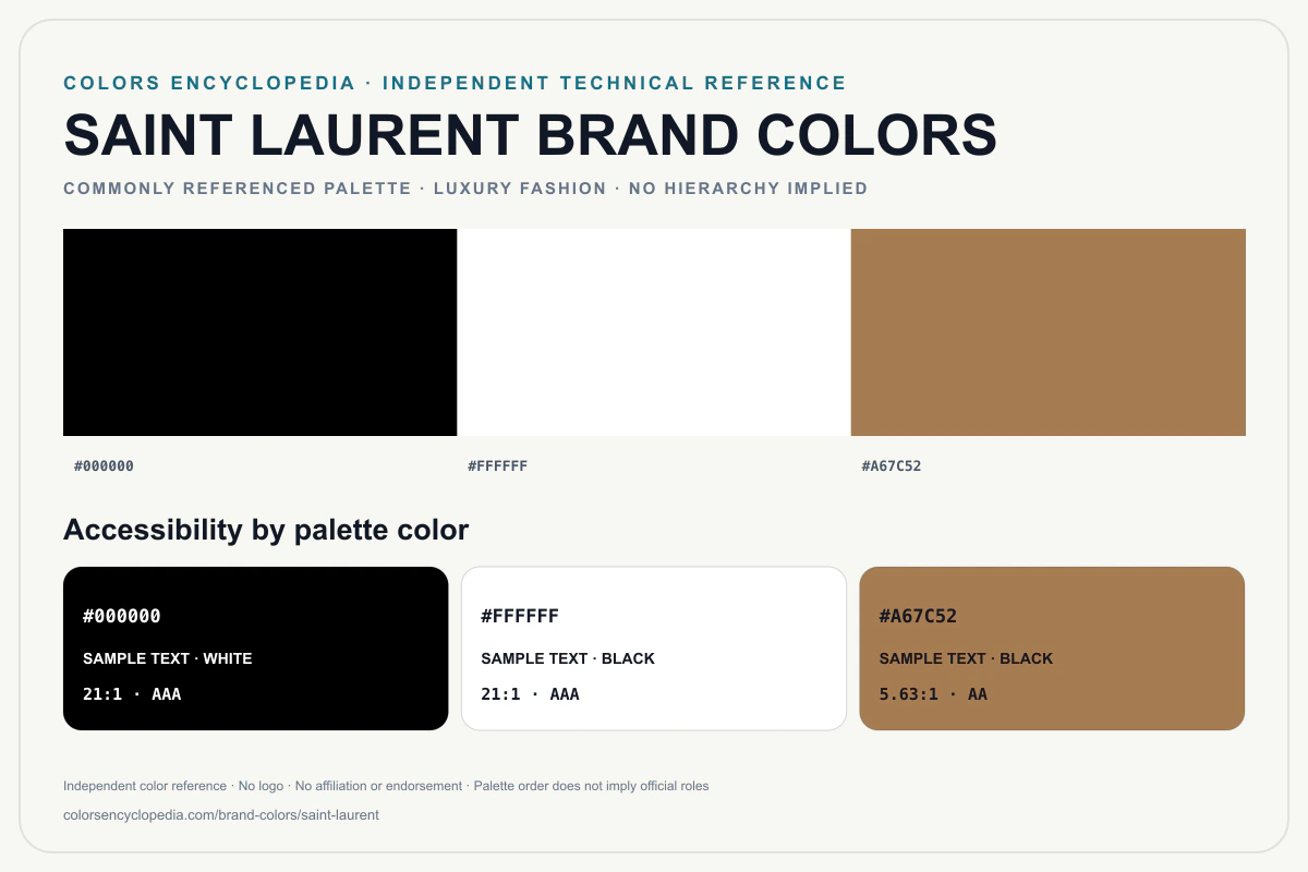 Saint Laurent brand colors infographic showing its commonly referenced HEX palette and accessibility guidance for every listed color without assigning a color hierarchy.