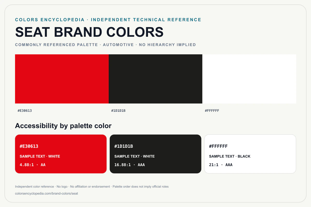 SEAT brand colors infographic showing its commonly referenced HEX palette and accessibility guidance for every listed color without assigning a color hierarchy.