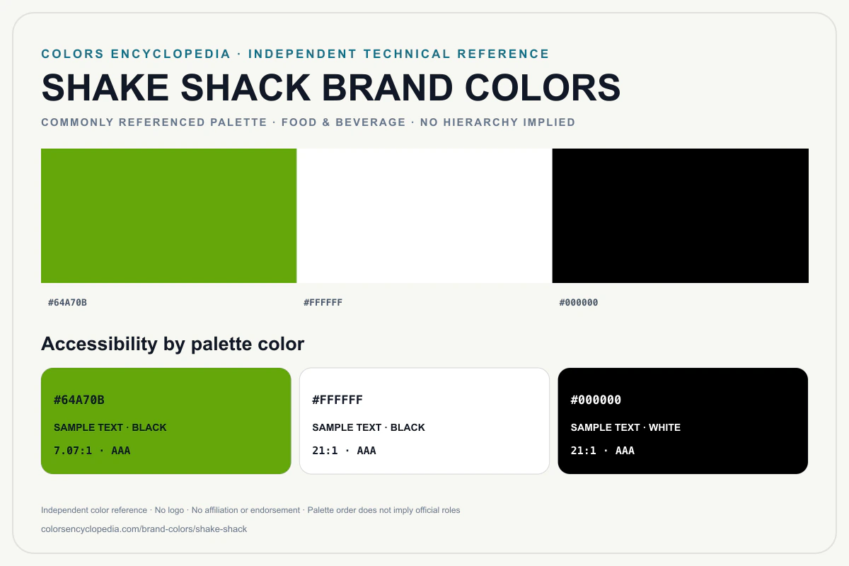 Shake Shack brand colors infographic showing its commonly referenced HEX palette and accessibility guidance for every listed color without assigning a color hierarchy.