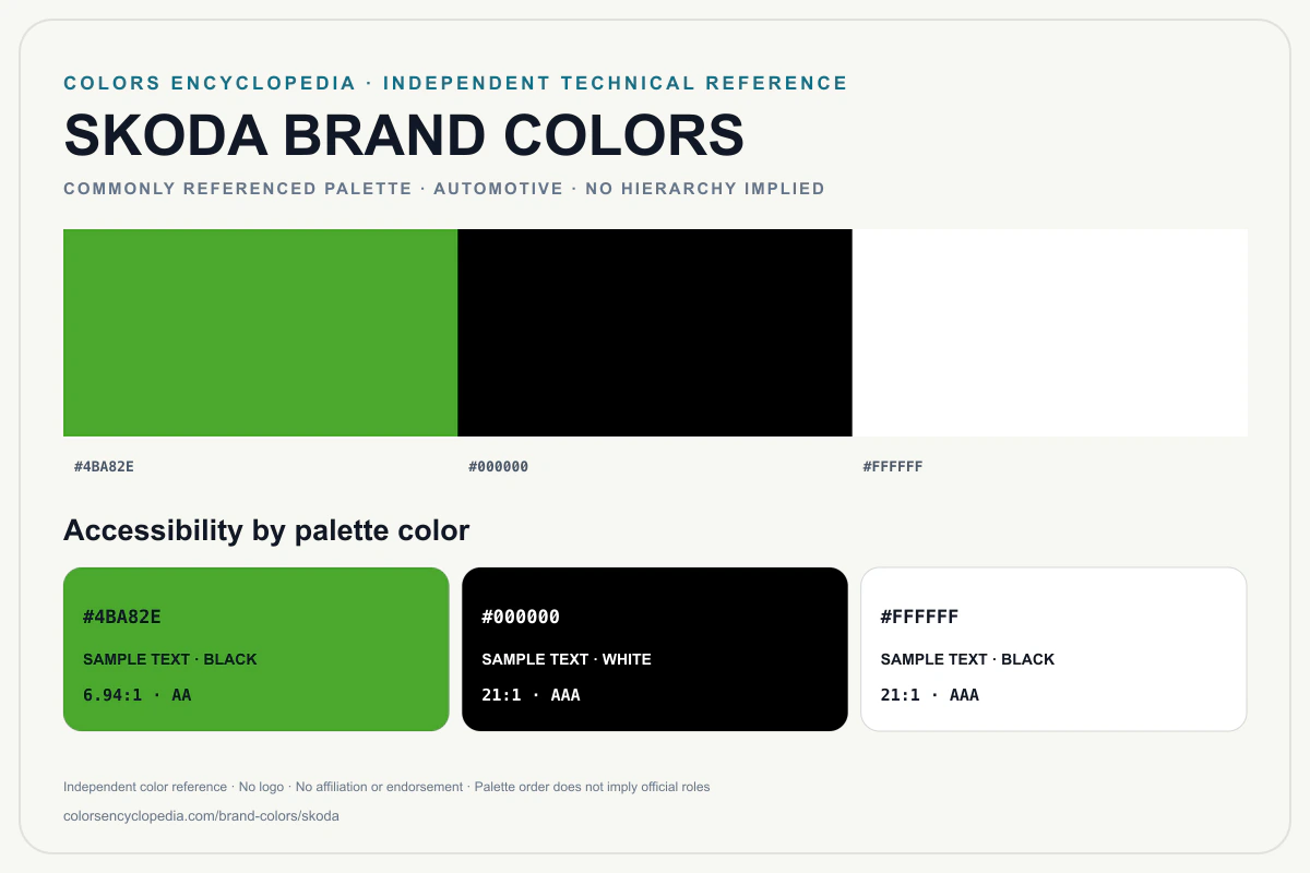 Skoda brand colors infographic showing its commonly referenced HEX palette and accessibility guidance for every listed color without assigning a color hierarchy.