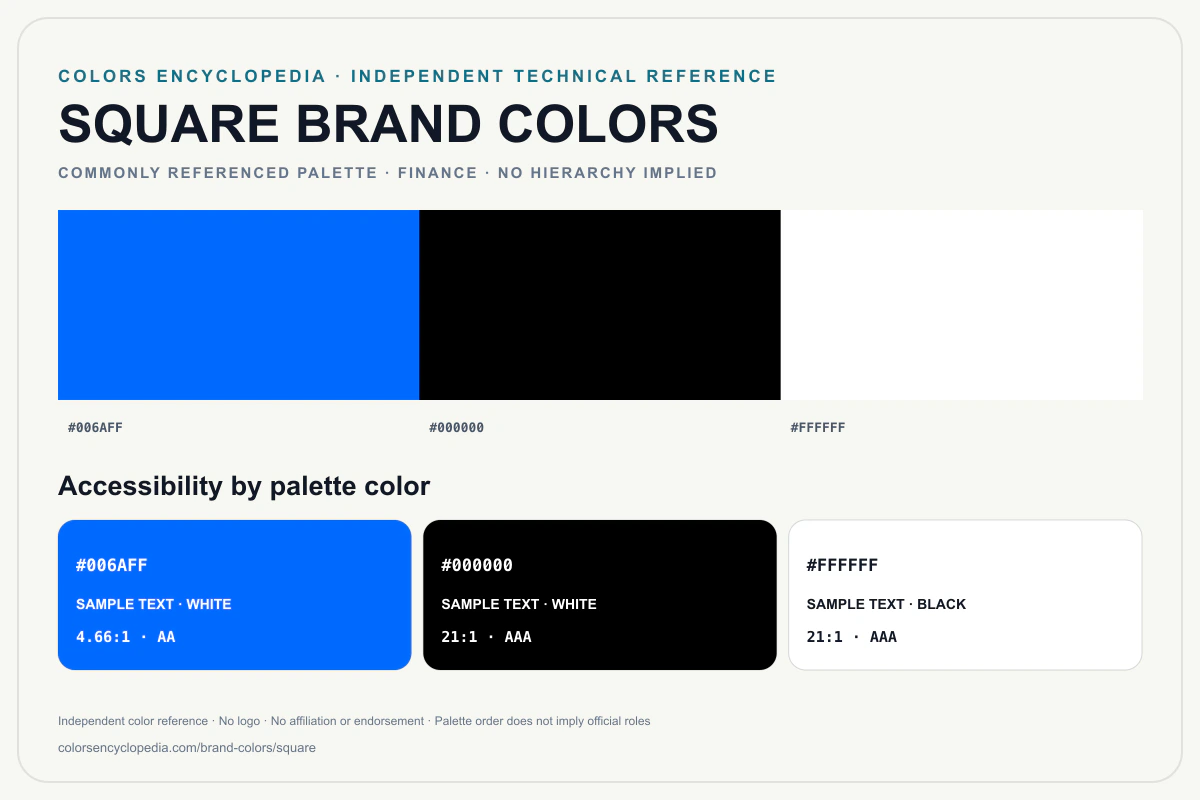 Square brand colors infographic showing its commonly referenced HEX palette and accessibility guidance for every listed color without assigning a color hierarchy.