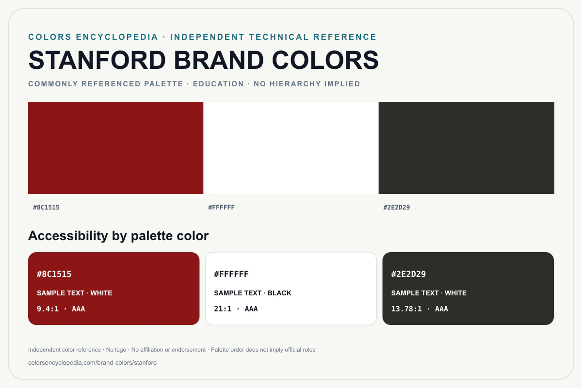 Stanford brand colors infographic showing its commonly referenced HEX palette and accessibility guidance for every listed color without assigning a color hierarchy.