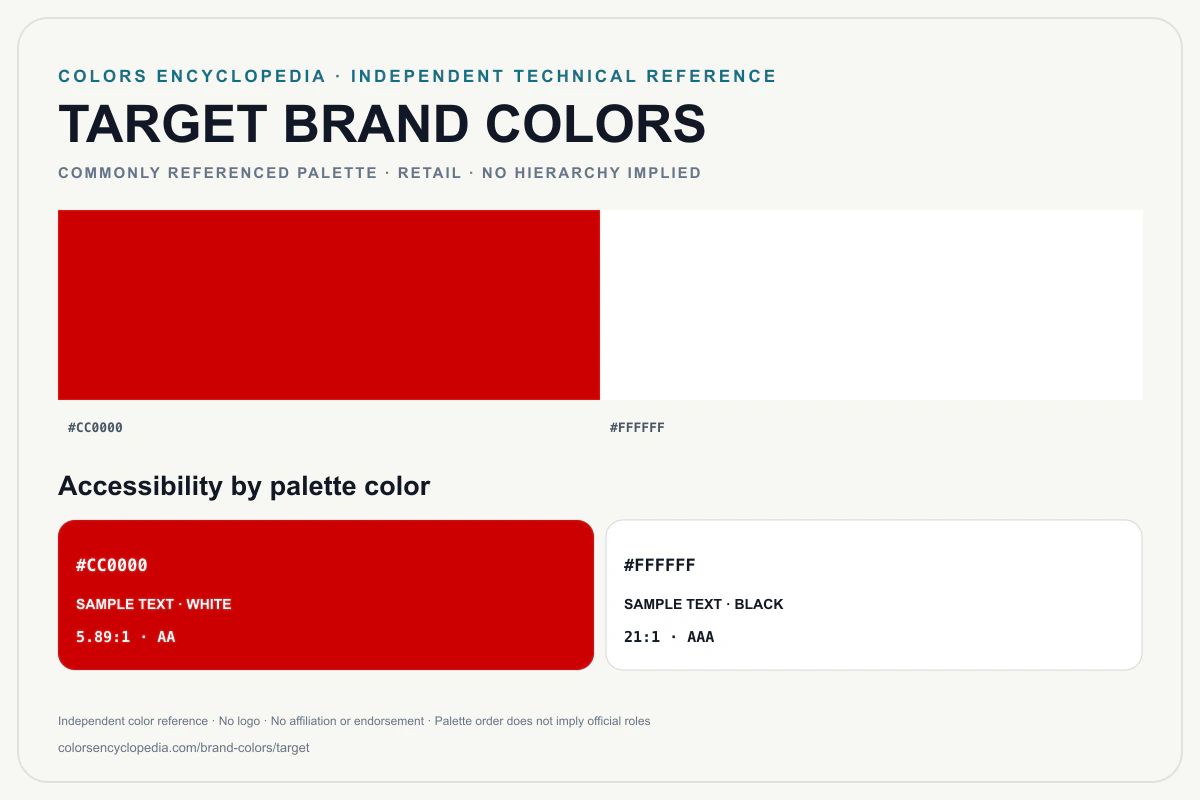Target brand colors infographic showing its commonly referenced HEX palette and accessibility guidance for every listed color without assigning a color hierarchy.
