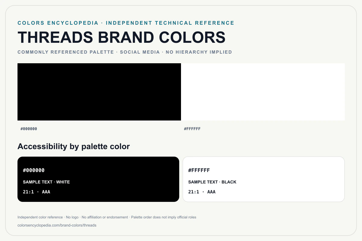 Threads brand colors infographic showing its commonly referenced HEX palette and accessibility guidance for every listed color without assigning a color hierarchy.