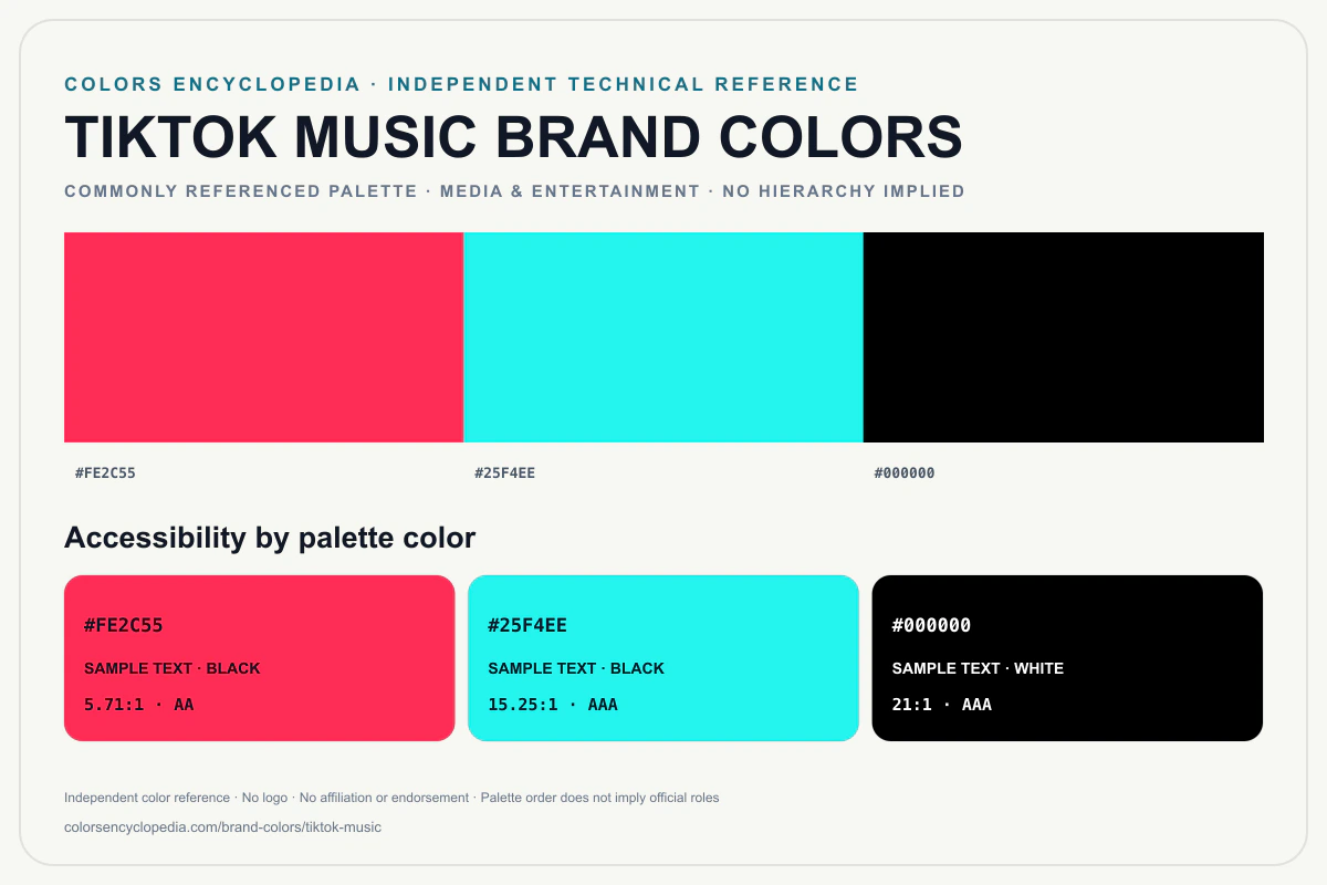 TikTok Music brand colors infographic showing its commonly referenced HEX palette and accessibility guidance for every listed color without assigning a color hierarchy.
