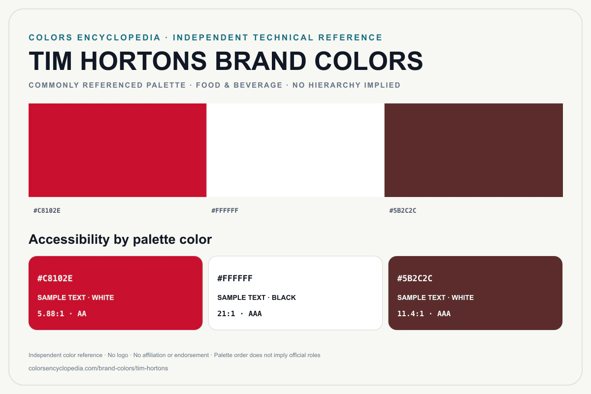 Tim Hortons brand colors infographic showing its commonly referenced HEX palette and accessibility guidance for every listed color without assigning a color hierarchy.