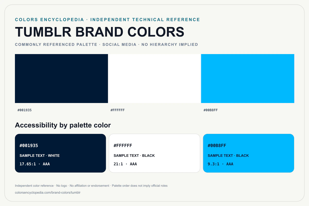 Tumblr brand colors infographic showing its commonly referenced HEX palette and accessibility guidance for every listed color without assigning a color hierarchy.