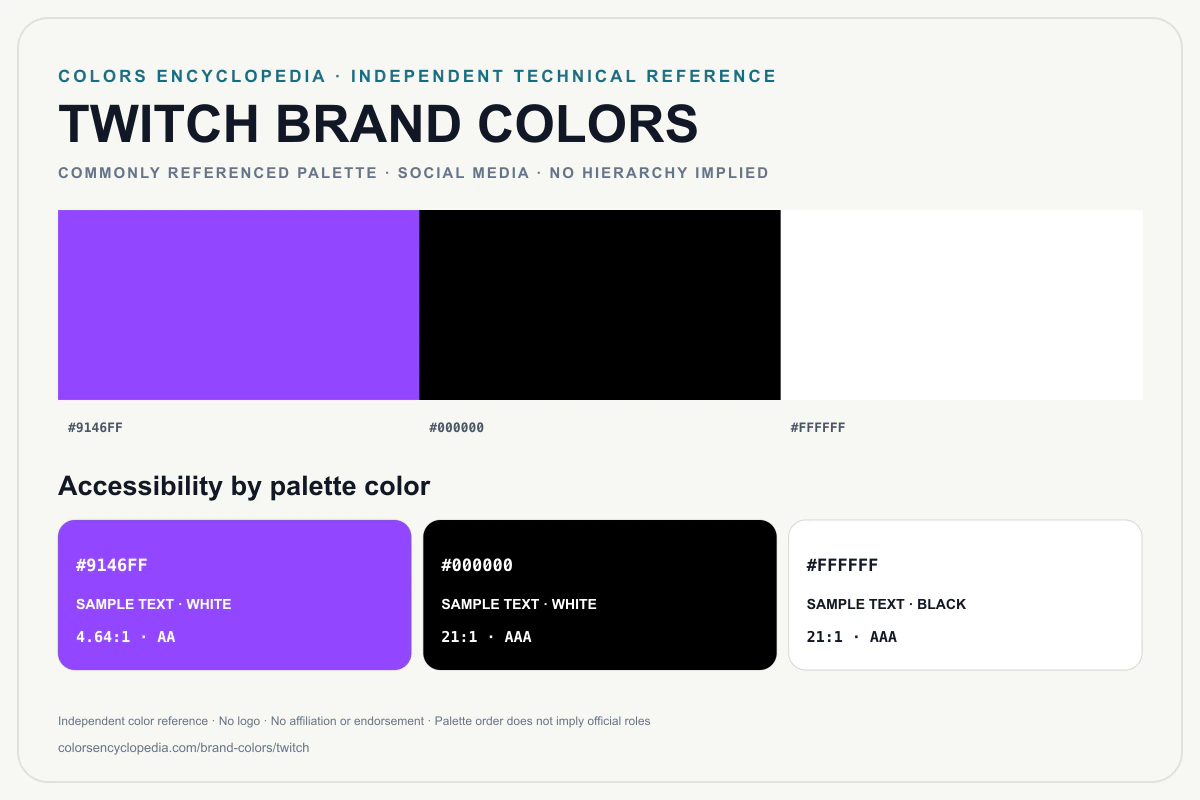 Twitch brand colors infographic showing its commonly referenced HEX palette and accessibility guidance for every listed color without assigning a color hierarchy.