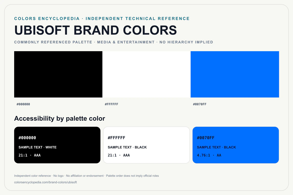 Ubisoft brand colors infographic showing its commonly referenced HEX palette and accessibility guidance for every listed color without assigning a color hierarchy.