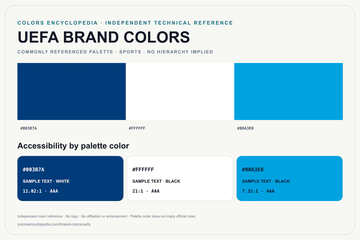 UEFA brand colors infographic showing its commonly referenced HEX palette and accessibility guidance for every listed color without assigning a color hierarchy.